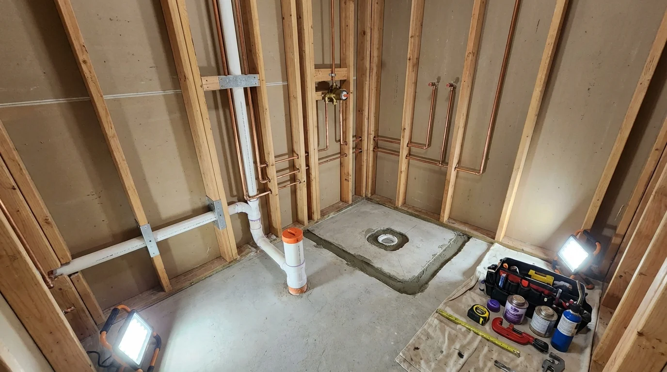 Bathroom rough-in plumbing during remodel by Johns Plumbing LLC in Fairchance