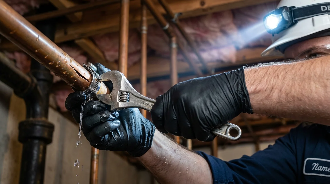 Emergency pipe clamp repair being performed by a Johns Plumbing LLC plumber in Fairchance