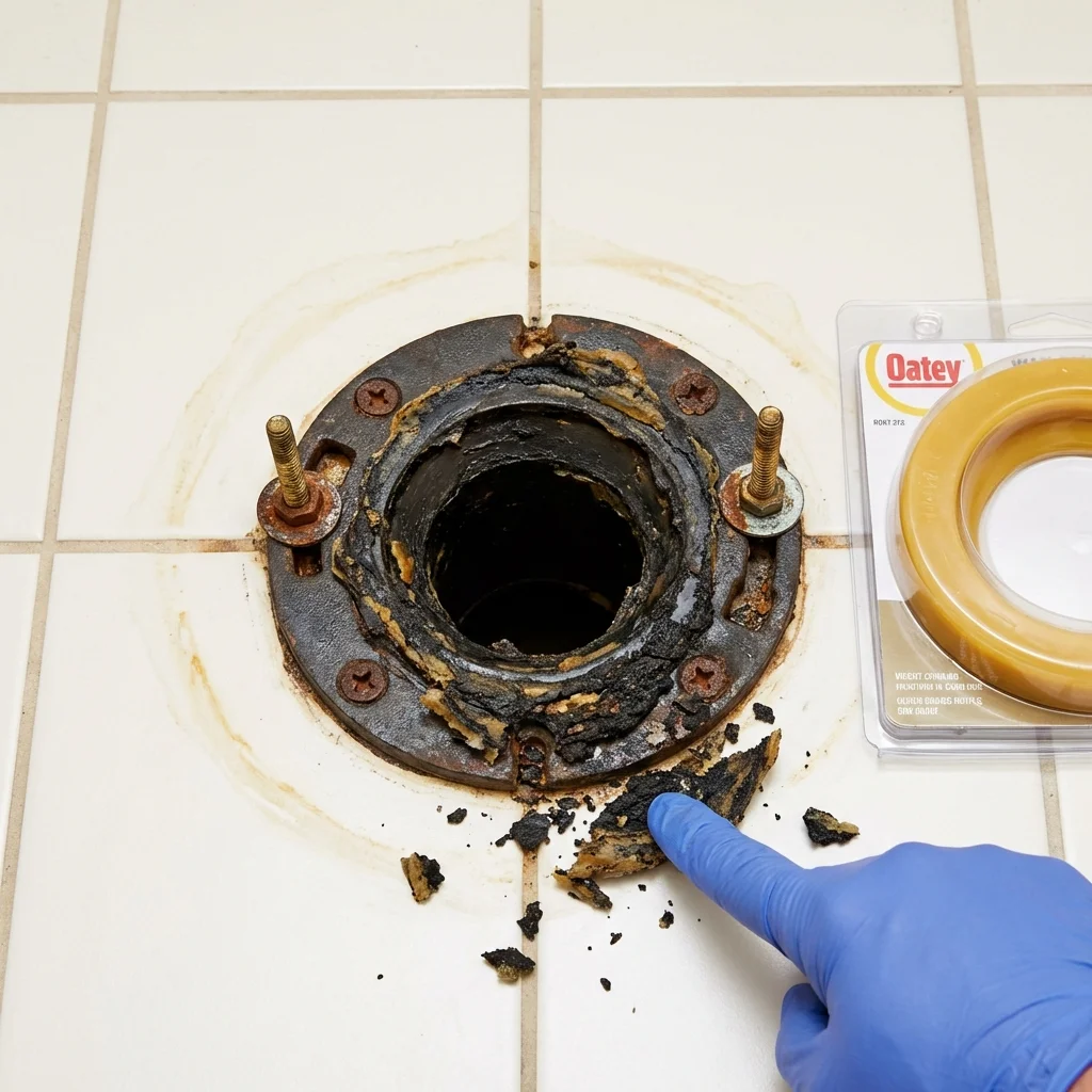 Failed wax ring showing water seepage at the base of a toilet in a Fairchance, PA home