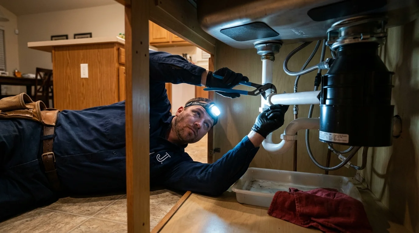 P-trap and supply line connections under a kitchen sink showing a common leak point in Fairchance, PA